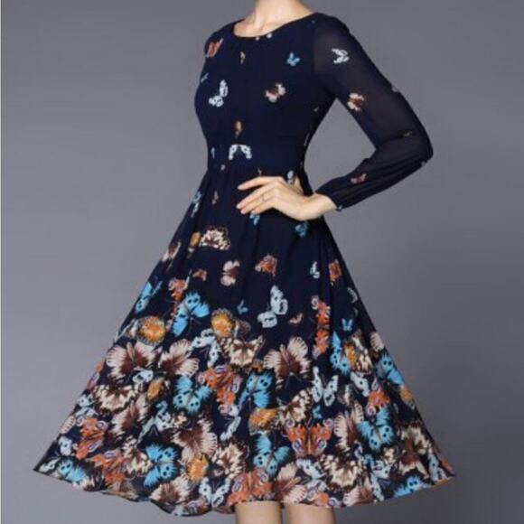 Anthropologie Gyalwana Blue Butterfly Print Flowy Midi Dress, Size 11 - Picture 10 of 10